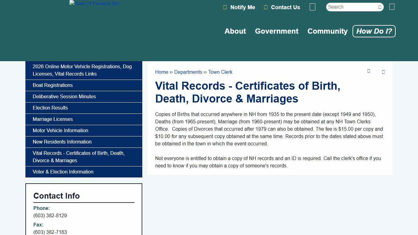 Vital Records - Certificates of Birth, Death, Divorce & Marriages | Town of Plaistow NH